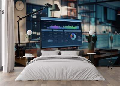 Shot of a Desktop Computer with Financial Market Analysis Application Standing on the Wooden Desk in the Creative Cozy Living Room. In the Background Warm Evening Lighting and Open Space Studio. Wall mural