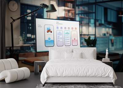 Shot of a Desktop Computer with Food App User Interface Developing Software Standing on the Wooden Desk in the Creative Cozy Living Room. In the Background Warm Evening Lighting and Open Space Studio. Wall mural