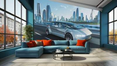 Shot of a Futuristic Self-Driving Van Moving on a Public Highway in a Modern City with Glass Skyscrapers. Beautiful Female and Senior Man are Having a Conversation in a Driverless Autonomous Vehicle. Wall mural