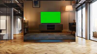 shot of a tv with horizontal green screen mock up. cozy evening living room with a chair and lamps t Wall mural