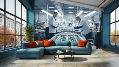 Shot of an Electronics Factory Workers Assembling Circuit Boards by Hand While it Stands on the Assembly Line. High Tech Factory Facility. Wall mural