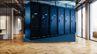 Shot of Data Center With Multiple Rows of Fully Operational Server Racks. Modern Telecommunications, Cloud Computing, Artificial Intelligence, Database, Super Computer Technology Concept. Wall mural