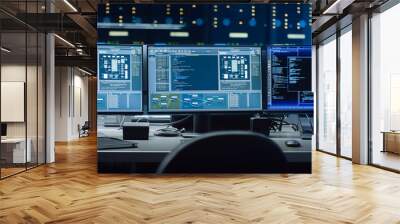 Shot of Multiple Personal Computer Monitors Showing Coding Language Program with System Monitoring Interface. In the Background Data Center with Server Racks. Wall mural