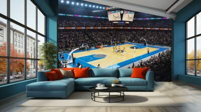 Sold Out Arena with Spectators Watching National Basketball Tournament Match. Teams Play, Diverse Crowds of Fans Cheer. Sports Channel Live Television Broadcast. Establishing High Wide Angle Footage Wall mural