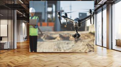 Specialist Controlling Drone on Construction Site. Architectural Engineer or Inspector Fly Drone on Building Construction Site Controlling Quality. Focus on Drone Wall mural