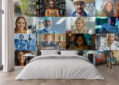 Split Screen Collage of Happy Multicultural and Multi-Ethnic People of Diverse Background, Gender, Ethnicity, and Occupation Smiling at Posing Looking at Camera and Cheerfully Smiling Wall mural