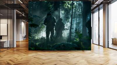 Squad of Five Fully Equipped Soldiers in Camouflage on a Reconnaissance Military Mission, Rifles in Firing Position. They're Running in Formation Through Dense Dark Forest. Side View Long Shot. Wall mural