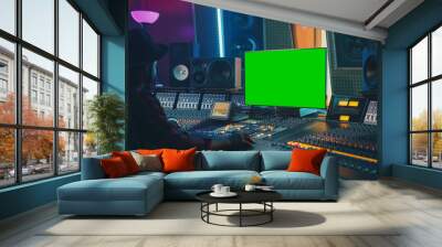 Stylish Audio Engineer / Producer Working in Music Record Studio, Uses Green Screen Chroma key Computer Display, Mixer Board Equalizer and Control Desk to Create New Hit Song. Black Artist Musician Wall mural