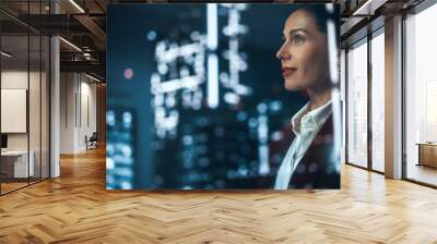 Successful Businesswoman in Stylish Suit Working on Top Floor Office Overlooking Night City. High Achievement Female CEO of Humanitarian Investment Fund, Human Face of Sustainable Corporate Governance Wall mural