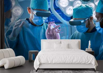 Surgeons Perform Heart Surgery Using Augmented Reality Technology. Difficult Heart Transplant Operation Using 3D Animation and Gestures. Interactive Animation Shows Vital Signs. Futuristic Hospital. Wall mural