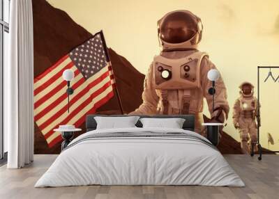 Two Astronauts Explore Mars/ Red Planet. One Cosmonaut Carries American Flag. Technological Advance Brings Space Exploration, Travel, Colonization Concept. Wall mural