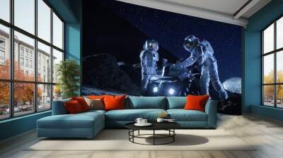 Two Astronauts in Space Suits on an Alien Planet Prepare Space Rover for Surface Exploration Mission. Futuristic Concept about Space Colonization. Wall mural