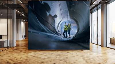 Two Heavy Industry Engineers Walking Inside Pipe, Use Laptop, Have Discussion, Checking Design. Construction of the Oil, Natural Gas and Biofuels Transport Pipeline. Industrial Manufacturing Factory Wall mural