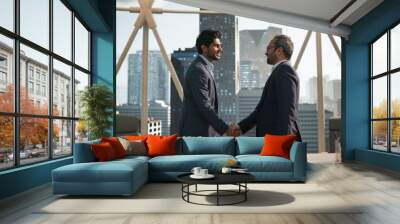 Two Young South Asian Businessmen Shaking Hands in a Corporate Office Conference Room. Operations Manager and Team Leader Discussing Creative Business Solutions for Their Company Project Wall mural