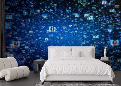 VFX Digitally Generated Background with Virtual Social Media Reality Interconnected by Internet Into Worldwide Web. Internet of Things Concept with Videos, Avatars, Flowing in Online Information Space Wall mural