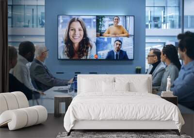 Video Conference Call in Office Boardroom Meeting Room: Executive Directors Talk with Group of Multi-Ethnic Entrepreneurs, Managers, Investors. Businesspeople Discuss e-Commerce Investment Strategy Wall mural