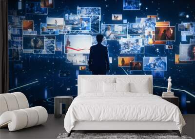 virtual reality internet interface: asian businessman uses smartphone in 3d cyberspace environment:  Wall mural