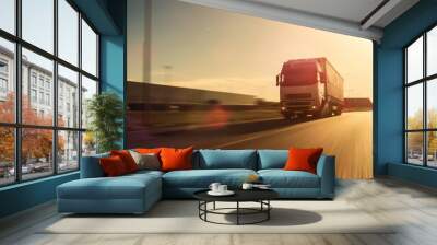 White Semi Truck with Cargo Trailer Attached Drives on the Empty Road. Industrial Warehouses by the Sides of the Highway. Sunset. Blur motion. Wall mural