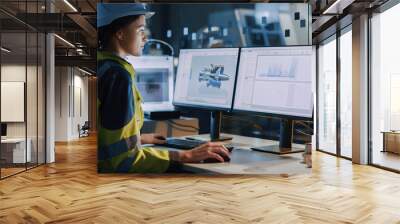 Young and Confident Industrial Engineer Working on Computer, on Screen CAD Software Showing New Electric Engine. Industrial Factory with High-Tech CNC Machinery Wall mural