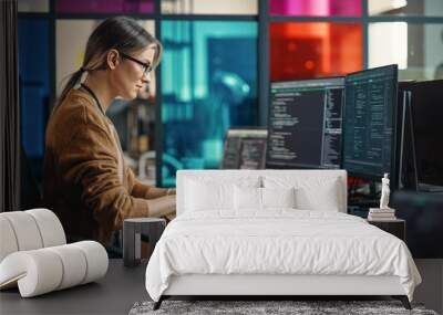 Young Caucasian Woman Programming On Desktop Computer With Two Monitors Setup in Spacious Office. Female Software Developer Creating SaaS Platform For Businesses in Innovative Start-up Company. Wall mural