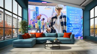 Young Creative Female Wearing a Virtual Reality Headset at Home. Woman Enters Digital Internet 3D Universe with Avatars. Next Generation Immersive Social Media Online Metaverse Platform. Wall mural