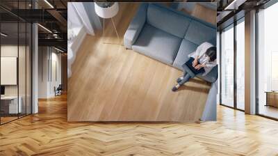 Young Woman is Sitting on a Couch, Working or Studying on a Laptop. Cozy Living Room with Modern Interior, Grey Sofa and Wooden Flooring. Top View Camera Shot. Wall mural