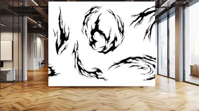 Fire flame manga explosion effect. Black ink hand drawn silhouettes anime graphic. Vector isolated illustration. Wall mural