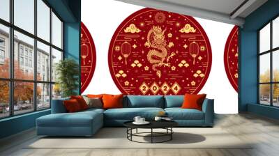 Happy chinese new year 2024 greeting card with gold design elements. Sticker concept for holiday decor, poster, banner. Isolated vector objects illustration line art style. Wall mural