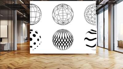 Set of abstract geometric shapes or trendy geometric shapes inspired brutalism. Flat vector illustration with 3d wireframe models. Concept psychedelic techno style. Wall mural