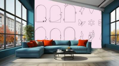 Y2k aesthetic frame element with star, crown, heart. Retro arch line shape in modern minimalist style. Vector isolated illustration. Wall mural