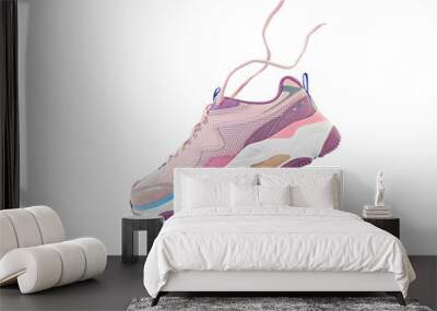 Flying colorful womens sneaker isolated on white background. Fashionable stylish sports shoes. Creative minimalistic footwear layout. Lifestyle product photo, levitation and urban style concept. Wall mural