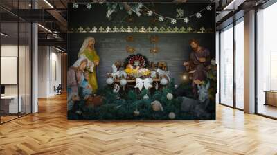 Christmas nativity. Decorative ensemble that creates a magic story of Christmas. Wall mural