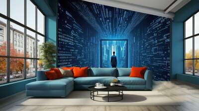 Cloud vault, tech business forward big data, cybersecurity, global reach, networking communications, digital graph 3d ai render. Wall mural