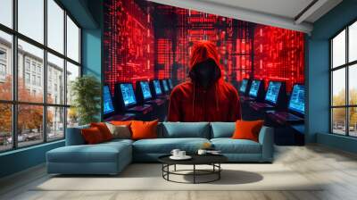 Cyber security concept. Hacker in red, standing in front of computers with red code in background scary looking, futuristic. Wall mural