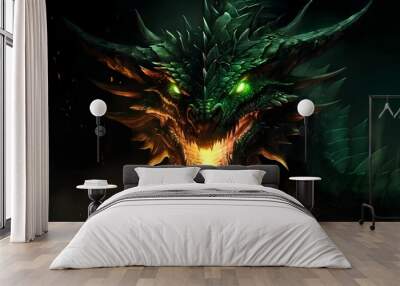 Huge medieval dragon with glowing green eyes and flames in a dark cave. Mythical creature. Concept art of the dragon head in the Gothic style. Generative ai. Wall mural