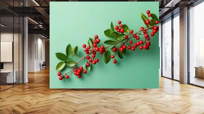 Red mistletoe on green background top view in flat lay style. Greeting for Women or Christmas Day or Xmas Sale Banner. Copyspace. Wall mural