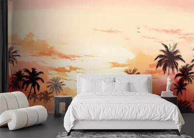 Tall tropical trees in morning sunrise colors, wall mural painted art, watercolor art style wallpaper background. Wall mural