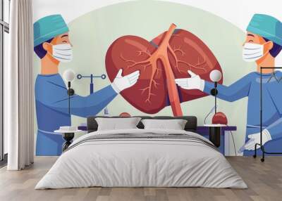 The image shows a team of surgeons carefully transplanting a liver into a patient. Wall mural