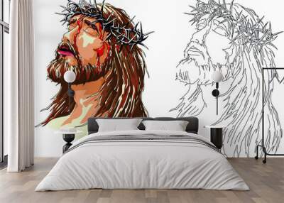 Jesus Christ in a crown of thorns. Symbol of Christianity, prayer, religion t-shirt design. Vector illustration Wall mural