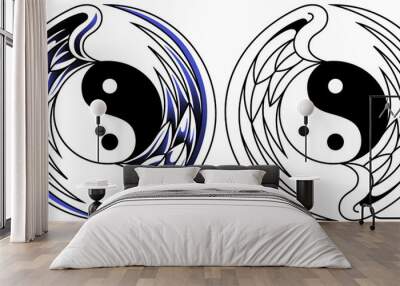 Yin Yang tattoo symbol in the shape of two wings of a stork. Vector logo Wall mural