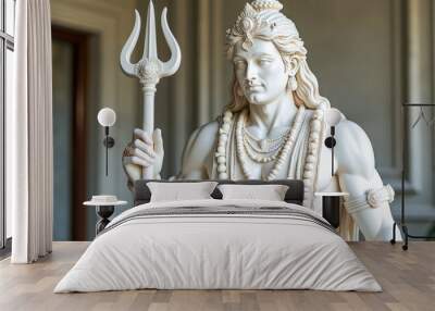 Intricate White Marble Statue of Lord Shiva in Temple Wall mural