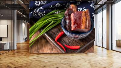 Chinese traditional cuisine bacon on wooden table Wall mural