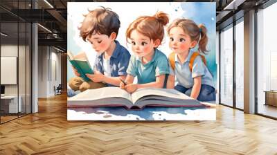 Illustration of Children's Day. Children, books reading in home with friends, learning or diversity for reading at school playground. Kids, education or study with support, water color style  Wall mural