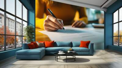 Close-up of a person’s hand holding a pen and writing on a document, with a warm and cozy indoor background Wall mural