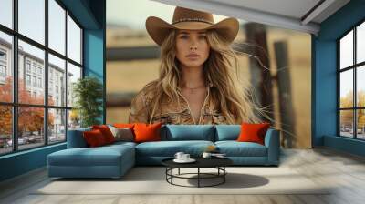 Portrait of beautiful cowgirl in her farm Wall mural