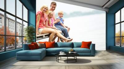 Lake, family and portrait with foot in water for holiday in the summer in mock up to relax with sunshine. Children, parents and adventure on deck at vacation in the outdoor together on mockup space Wall mural