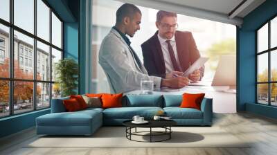 Tablet, teamwork and business men planning in conference room meeting, management and discussion of corporate data. Professional people, partner or manager talking and analysis on digital technology Wall mural