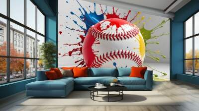 Colorful Softball With Vibrant Paint Splashes. The Softball is White With Red, Blue, Yellow, and Green Paint Splatters. The Softball is Isolated on a White Background. Wall mural