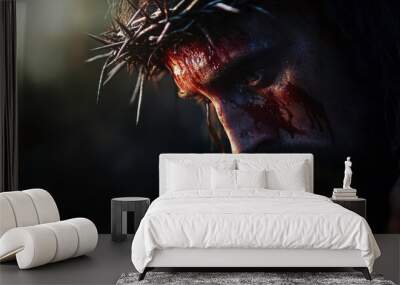 Jesus Christ Wearing a Crown of Thorns With a Pained Expression During a Moment of Suffering. Generative AI Wall mural