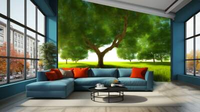 3d rendering illustration of tree with green leaves, Generative AI Wall mural